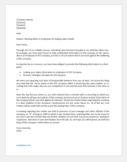 Warning Letter to Employees for Leaking Salary Details