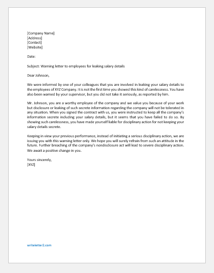 Warning Letter to Employees for Leaking Salary Details | writeletter2.com