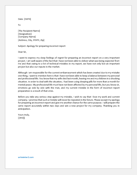 Apology Letter for Preparing Incorrect Report | writeletter2.com