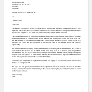 Letter to Notify Supplier of Quality Issue