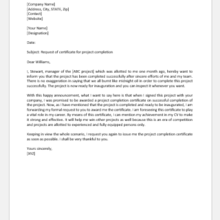 Project Completion Certificate Request Letter
