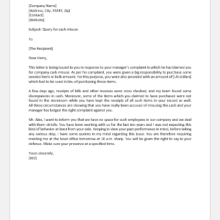 Query Letter to Accountant for Cash Misuse