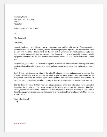 Request Letter For Office Equipment Replacement Writeletter2 Com