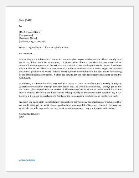 Request Letter for Photocopier Machine | writeletter2.com