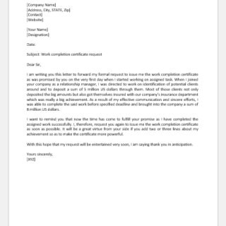 Work Completion Certificate Request Letter
