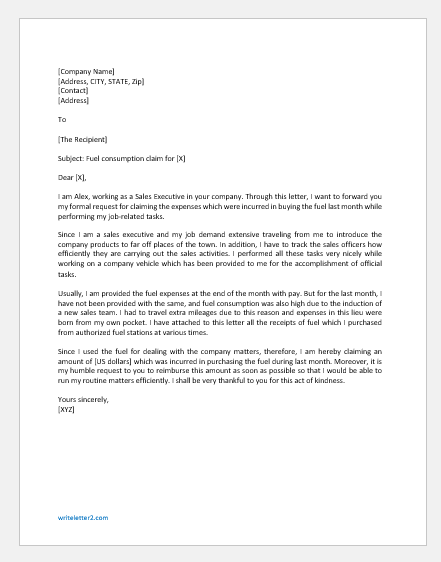 Fuel Claim Letter to Manager | writeletter2.com