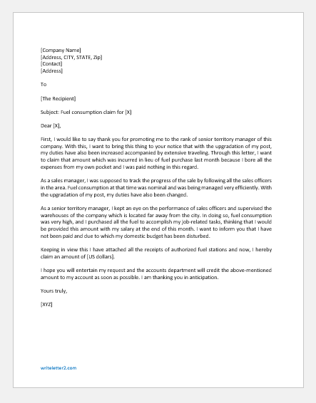 Fuel Claim Letter to Manager