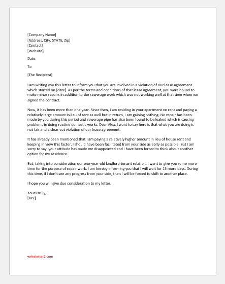 Lease Violation Letter to Landlord | writeletter2.com