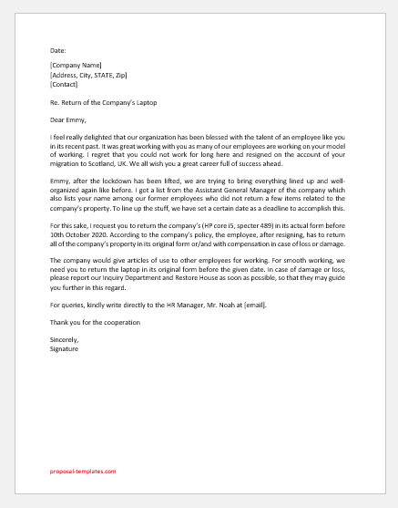 Letter to Employee to Return the Company Laptop