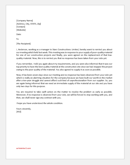 No Response Inquiry Letter to Supplier | writeletter2.com