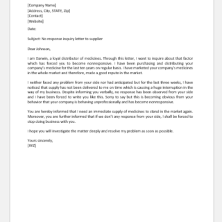 No Response Inquiry Letter to Supplier