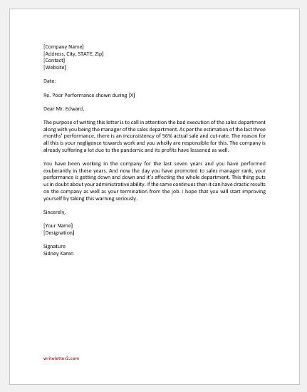 Poor Performance Letter for Sales Executive