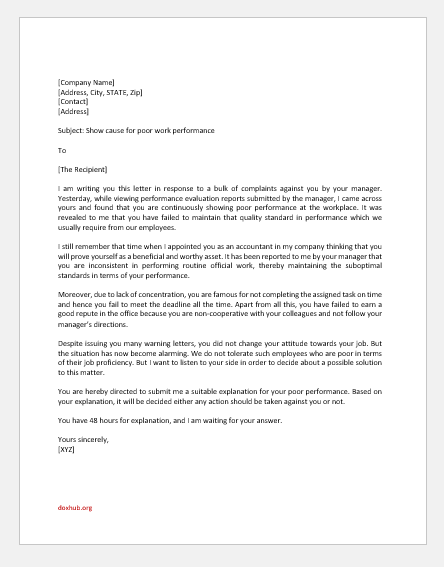 Show Cause Letter for Poor Work Performance