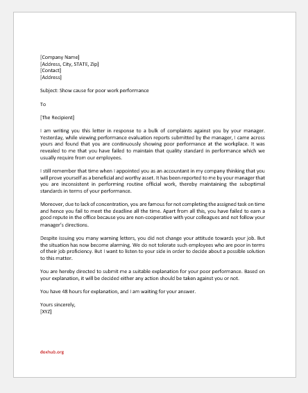 sample letter employee bad performance