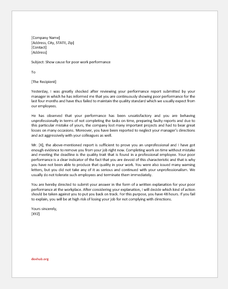 Show Cause Letter for Poor Work Performance