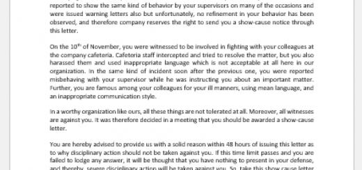 Show Cause Letter for Behavior and Fight