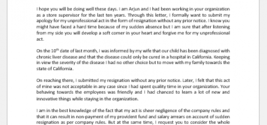 Apology Letter for Resignation without Notice
