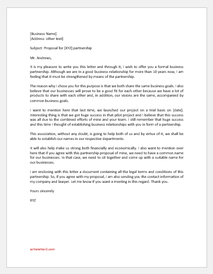 sample cover letter for partnership proposal