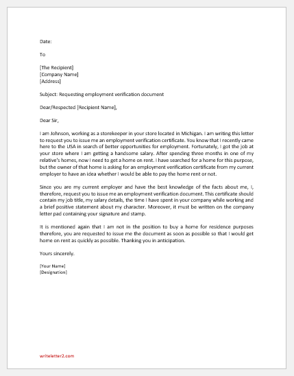 Request Letter to Boss for Employment Verification Document ...