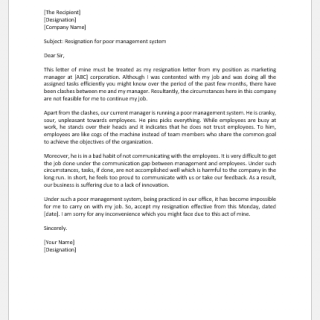 Resignation Letter for Poor Management System