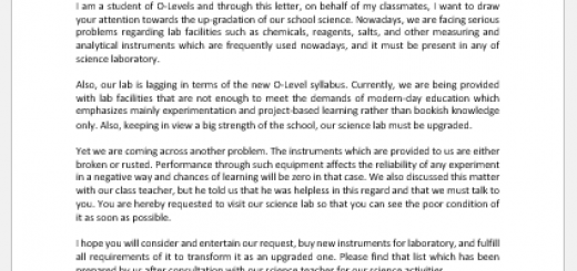 Letter Requesting School Science Lab Upgrade