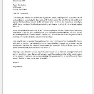 Letter against Teacher's Physical Punishment