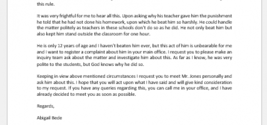 Letter against Teacher's Physical Punishment
