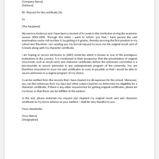 Request Letter to Principal for Original Certificate