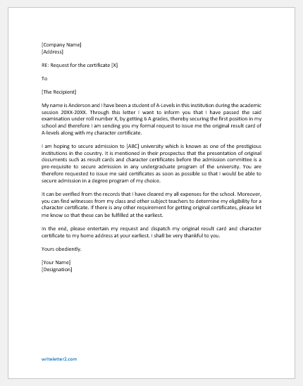 Request Letter to Principal for Original Certificate