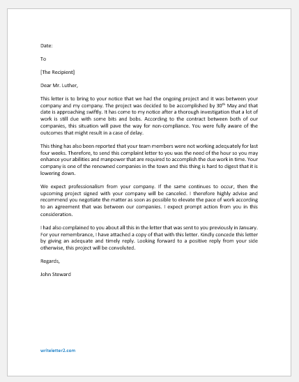 Complaint Letter for Delay in Project Completion