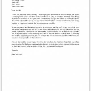 Letter to Landlord Requesting Necessary Repairs