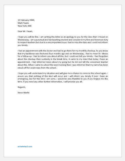 application letter for missed class