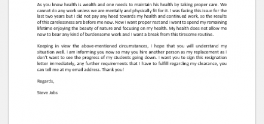 Immediate Resignation Letter due to Health Reason