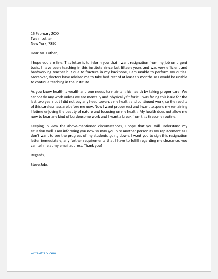 Immediate Resignation Letter due to Health Reason | Download