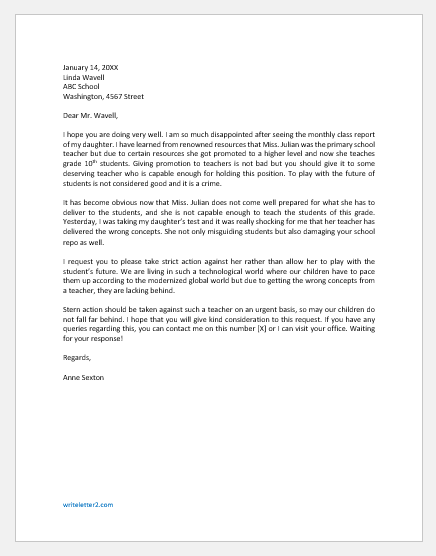 Letter to School about Teacher’s Bad Performance | Download