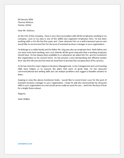 Recommendation Letter for an Employee to Organization