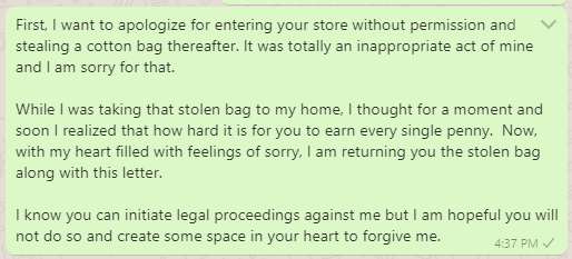 Apology letter for stealing from the store