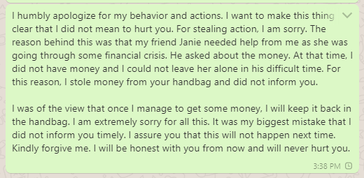 Apology message to mom for stealing