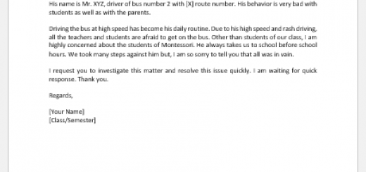 Complaint Letter to Principal about School Bus Driver
