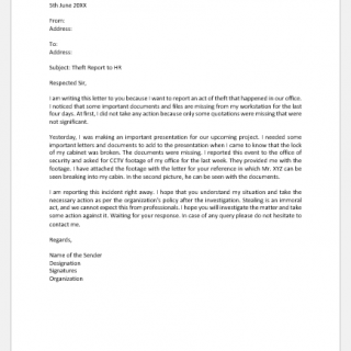 Theft Report Letter to HR