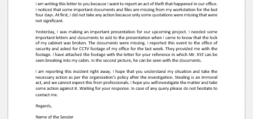 Theft Report Letter to HR