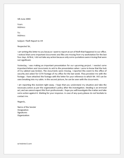 Theft Report Letter to HR | Download FREE | writeletter2.com