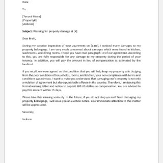 Warning Letter to Tenant for Property Damage
