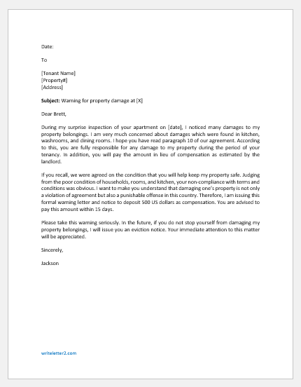 Warning Letter to Tenant for Property Damage