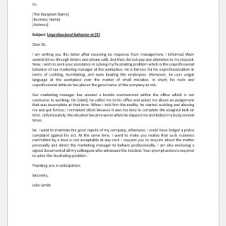 Complaint Letter for Unprofessional Behavior of Manager