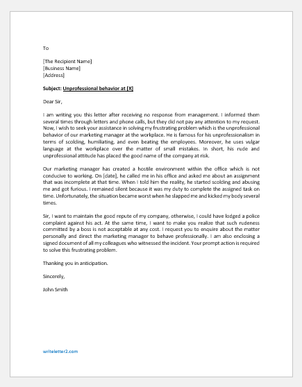 Complaint Letter for Unprofessional Behavior of Manager