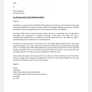 Letter Announcing Relocation of Office