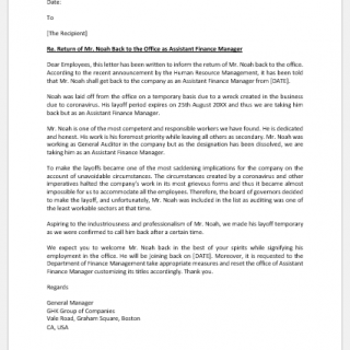 Announcement Letter of Return of Former Employee