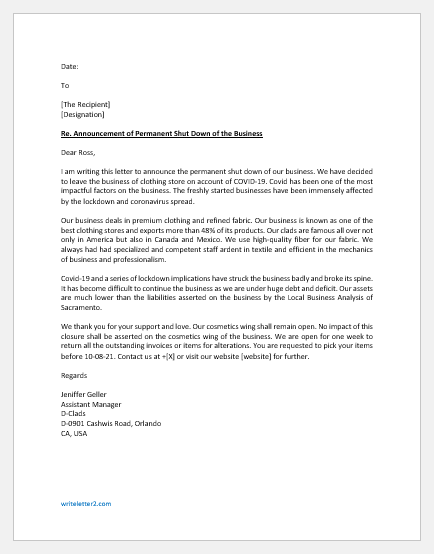 Announcement letter for closing business