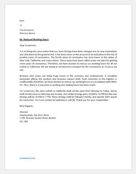 Reduce Work Hours Sample Letter Template